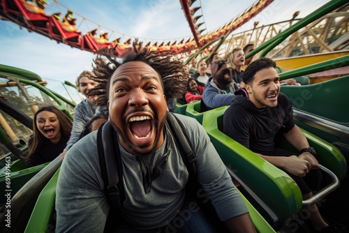 Group of diverse friends screaming with excitement on a roller coaster ride at an amusement park, capturing the thrill and adrenaline © ChaoticMind