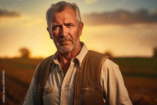 Portrait of a seasoned farmer with a weathered expression, standing in the field at sunset, with warm golden light illuminating his face