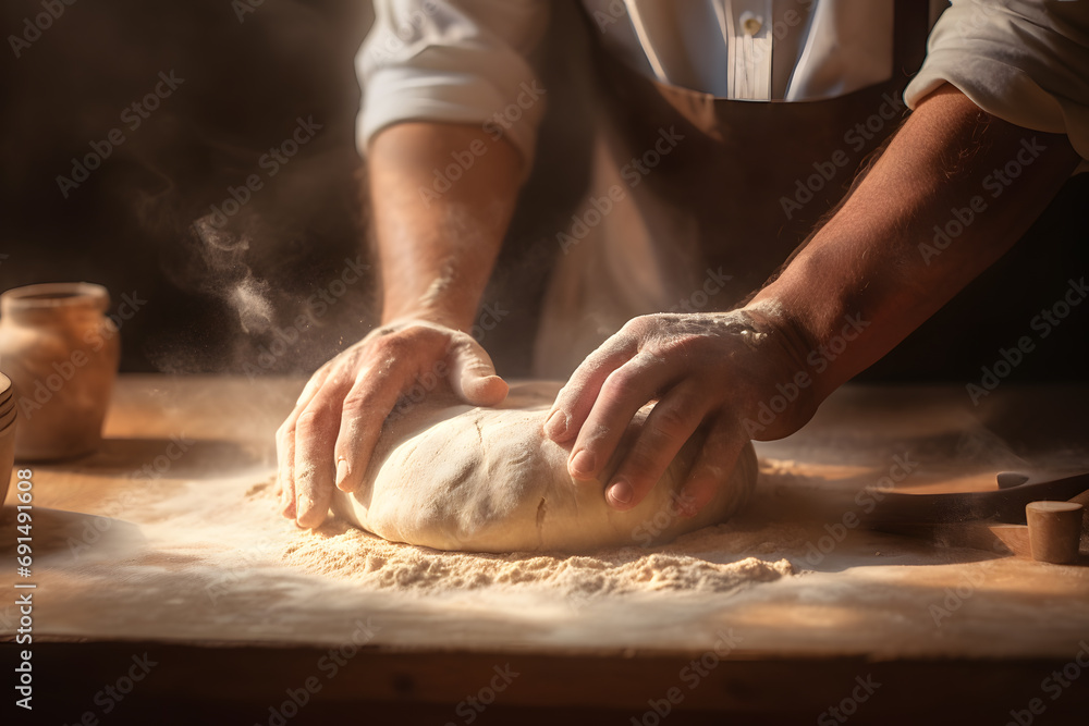 Man's hands rolling the dough. Bread baking concept photo