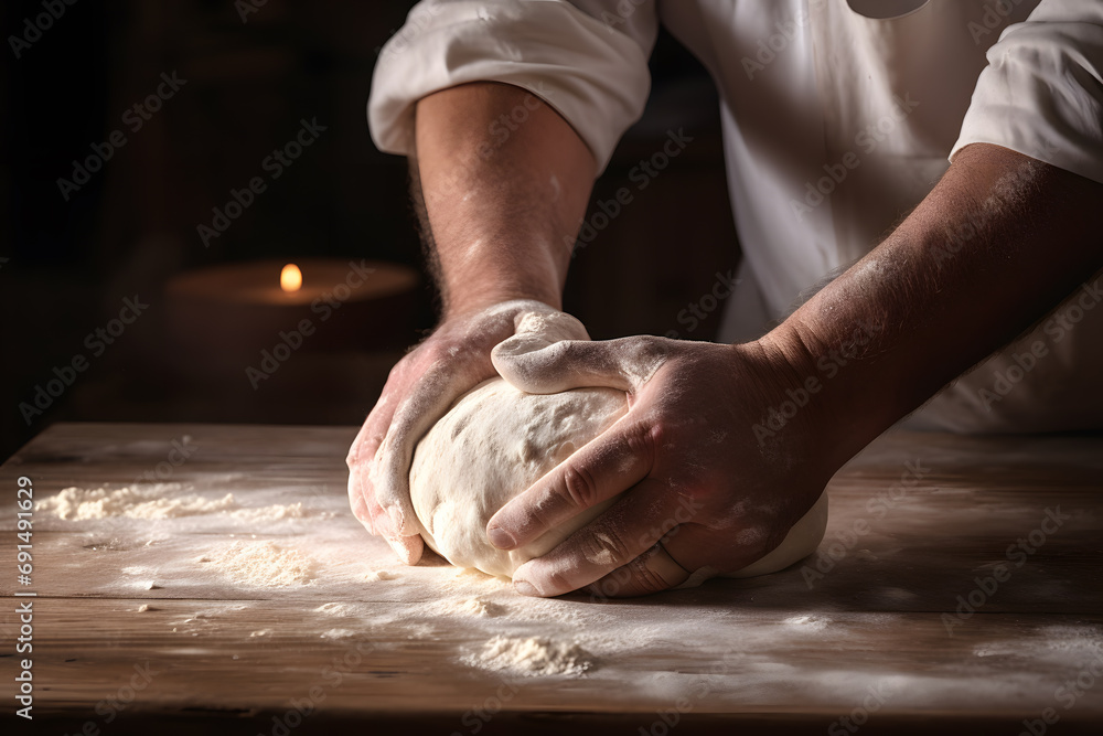 Man's hands rolling the dough. Bread baking concept photo