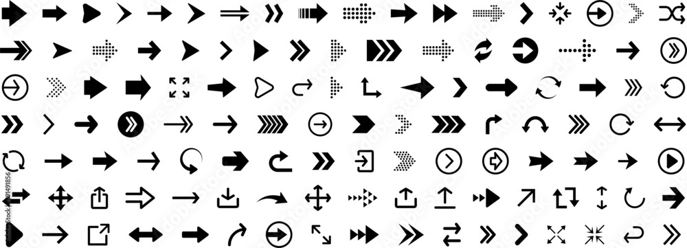 Arrows icon. Arrow icons set. Black vector arrows collection. Cursor vector icon. Collection different Arrows on flat style for web design or interface. Direction symbols. Vector illustration - obrazy, fototapety, plakaty 