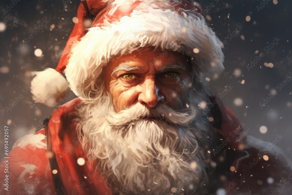 Artistic portrayal of Santa Claus with a mysterious aura, highlighted by falling snowflakes and his classic red attire. Artistic portrayal of Santa Claus with a mysterious aura, highlighted by falling snowflakes and his classic red attire.