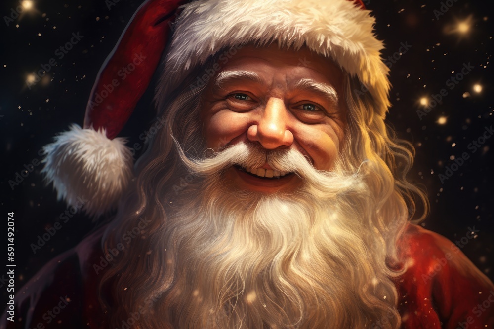 Artistic portrayal of Santa Claus with a mysterious aura, highlighted by falling snowflakes and his classic red attire. Artistic portrayal of Santa Claus with a mysterious aura, highlighted by falling snowflakes and his classic red attire.