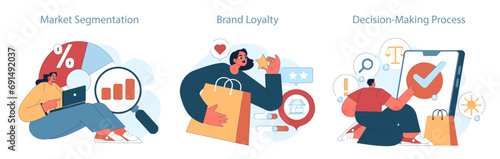 Consumer behavior set. Purchase journey. Market segmentation, brand loyalty, and consumer decision-making. Marketing strategy building, commerce campaign. Flat vector Illustration