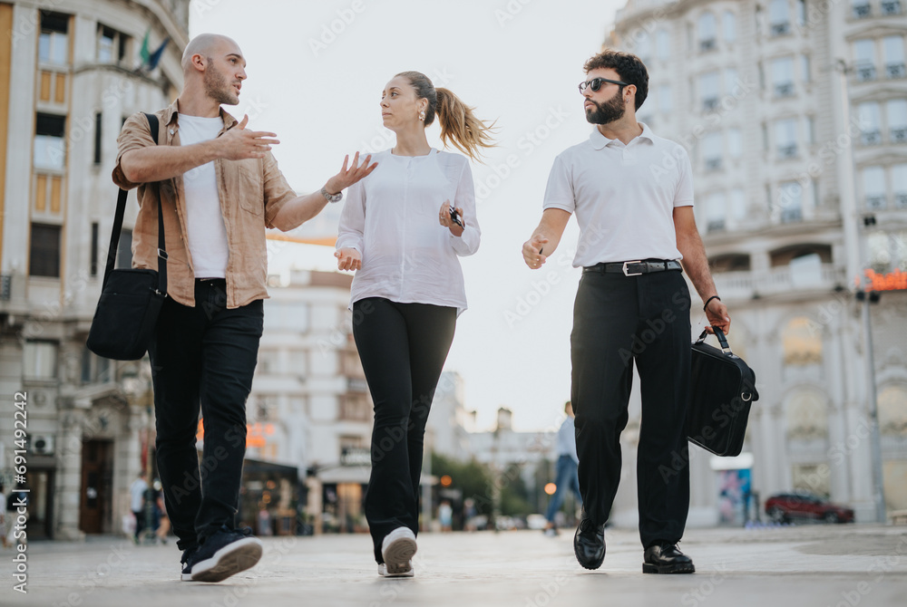 Naklejka premium Confident business partners discuss project details and review paperwork outdoors in the urban city. Their teamwork and expertise contribute to successful project planning and profitability.