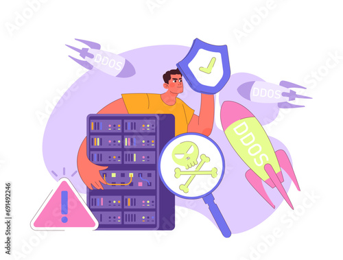 Technician bravely shields servers from relentless DDoS missiles, emphasizing urgency and defense against massive cyber onslaught. Online threat. Defense measures. Flat vector illustration