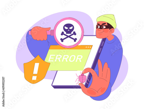 A tech-savvy individual confronts a dangerous skull symbol, representing the pervasive threat of malware, while a shield warns of system vulnerability. Vector flat illustration.