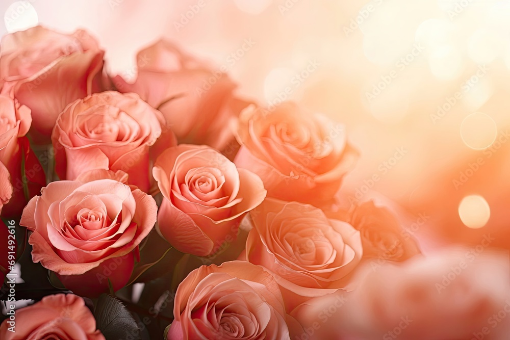 background of fresh red roses illuminated by sun rays for Valentine's day and 2/3 free space in the right corner for text. peach shade background of fresh red roses illuminated by sun rays for Valentine's day and 2/3 free space in the right corner for text. peach shade
