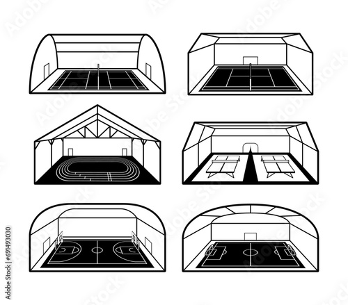 Covered sport facilities tournament command game playing monochrome line icon set isometric vector