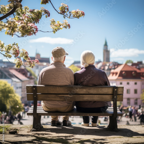 Elderly couple sitting on a wooden bench Looking at the beautiful city warm atmosphere