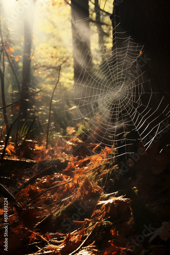 teia de aranha na floresta sobre a luz do sol no estilo sombrio - Papel de parede  photo