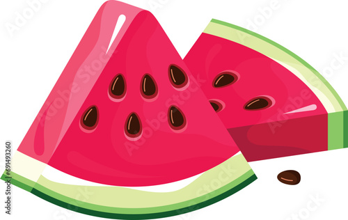 Two triangle pieces of fresh ripe watermelon with peel and seeds isometric vector illustration