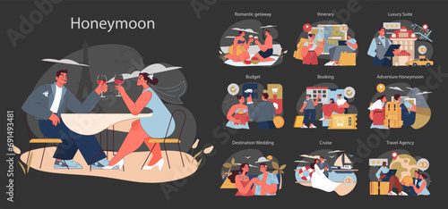 Honeymoon set. Couples celebrate, plan, budget, and embark on post-wedding travels. Love blooms in various romantic settings.