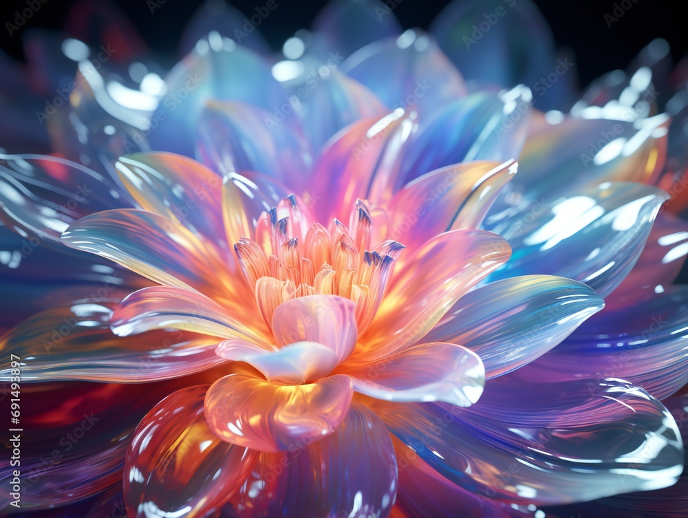 Close up fantasy flower holographic gradient neon colors Close up fantasy flower holographic gradient neon colors