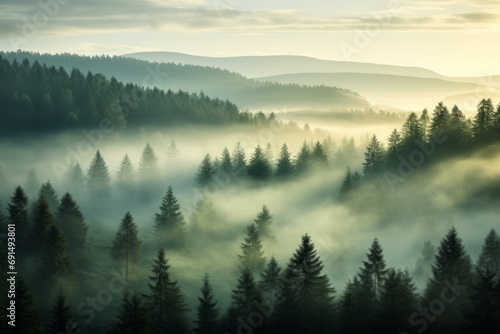 Paisaje aéreo de bosque con niebla al amanecer. © ACG Visual