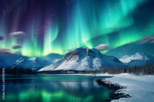Aurora boreal entre las montañas nevadas.