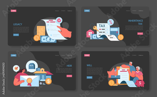 Inheritance web or landing set. Estate planning, tax considerations, and executor duties. Testament administration, property transferring paper. Flat vector illustration