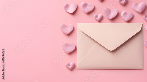 ove letter envelope with paper craft hearts - flat lay on pink valentines or anniversary background with copy space