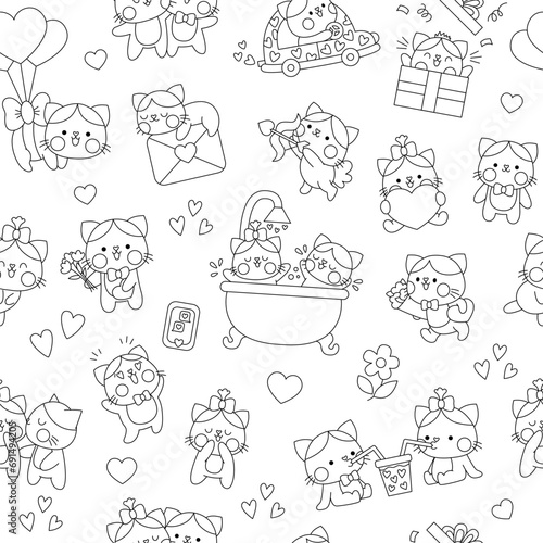 Vector black and white kawaii Saint Valentine seamless pattern for kids. Cute cartoon line repeat background. Love holiday symbols coloring page with cats pair. Adorable dating kittens.
