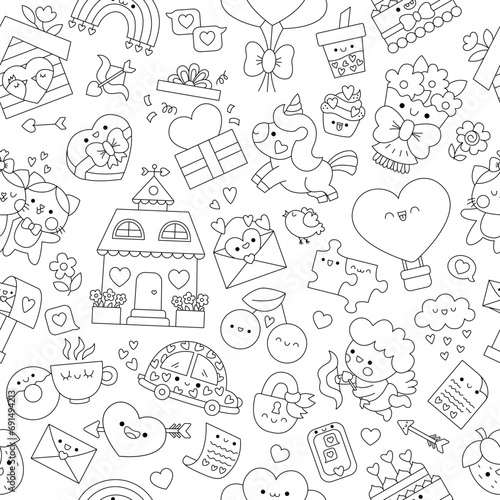 Vector black and white kawaii Saint Valentine seamless pattern for kids. Cute cartoon line repeat background. Love holiday symbols coloring page with unicorn, heart, cupid, flower, cat.