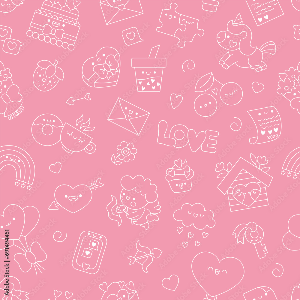 Vector kawaii Saint Valentine monochrome seamless pattern for kids. Cute cartoon repeat background with unicorn, hearts. Pink digital paper with white elements. Traditional love holiday symbols. Vector kawaii Saint Valentine monochrome seamless pattern for kids. Cute cartoon repeat background with unicorn, hearts. Pink digital paper with white elements. Traditional love holiday symbols.