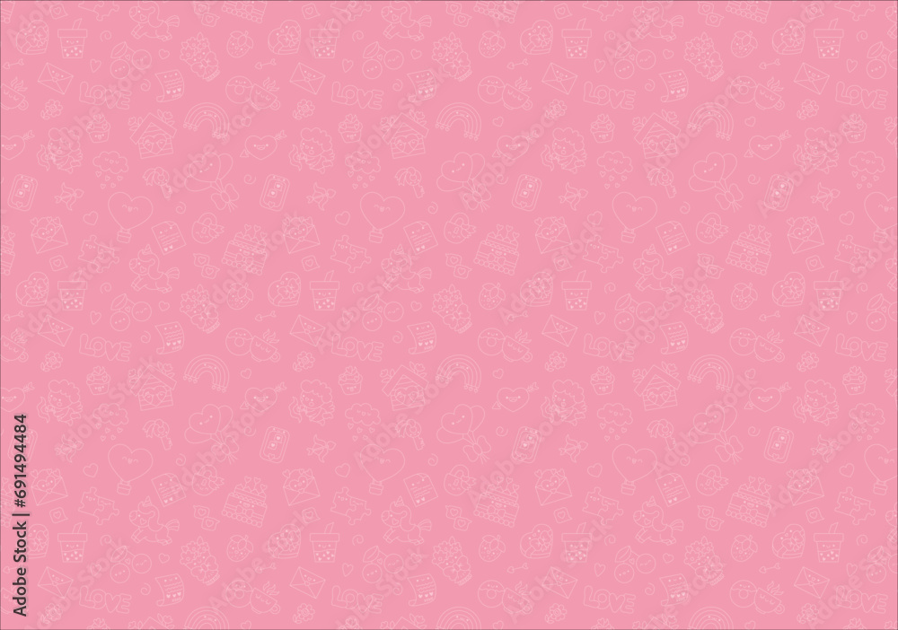 Vector kawaii Saint Valentine monochrome background for kids. Cute cartoon backdrop with unicorn, hearts. Pink digital paper with white elements. Traditional love holiday symbols. Vector kawaii Saint Valentine monochrome background for kids. Cute cartoon backdrop with unicorn, hearts. Pink digital paper with white elements. Traditional love holiday symbols.