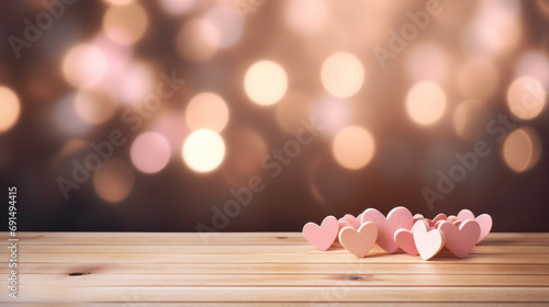 Empty wooden table top for displaying products against a pink bokeh background
