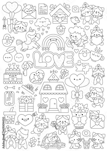 Vector Saint Valentine vertical line coloring page for kids with cute kawaii characters. Black and white love holiday illustration with funny cupid  unicorn  cats  hearts  flowers. Funny search poster