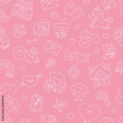 Vector kawaii Saint Valentine monochrome seamless pattern for kids. Cute cartoon repeat background with unicorn, hearts. Pink digital paper with white elements. Traditional love holiday symbols.