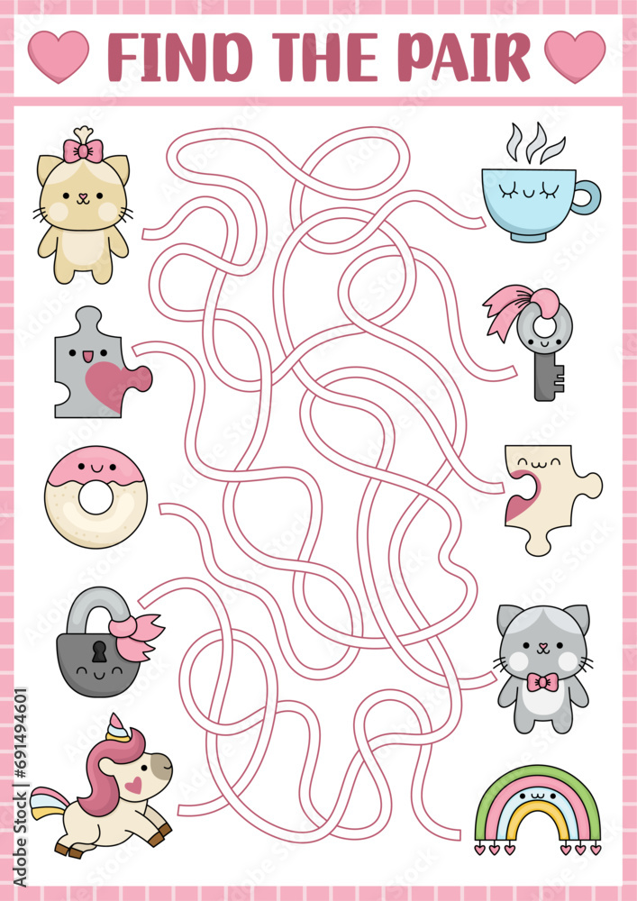 Saint Valentine maze for kids. Love holiday preschool printable activity with kawaii pairs. Labyrinth game or puzzle with cute cats, jigsaw puzzles, cup, doughnut, unicorn, rainbow. Perfect match