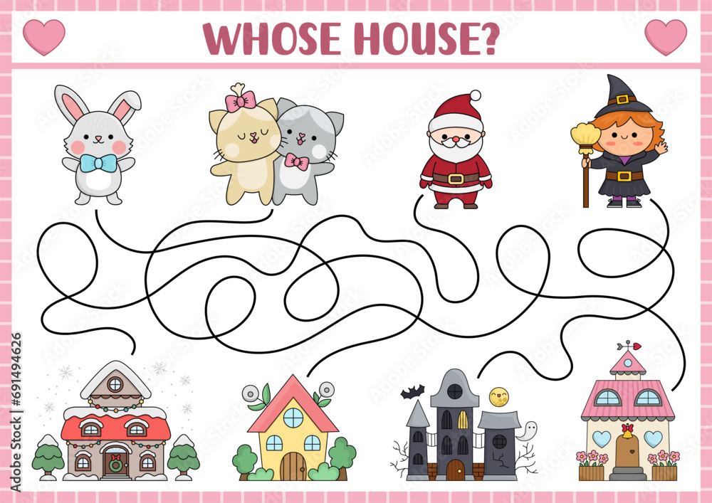 Holiday maze for kids. Preschool printable activity with kawaii Santa Claus, witch, cats, bunny, houses. Labyrinth game or puzzle with Christmas, Easter, Saint Valentine, Halloween characters.