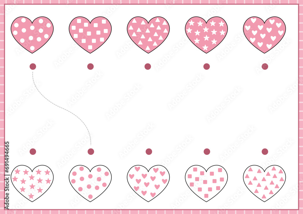Saint Valentine matching activity for children with cartoon hearts and patterns. Fun love holiday puzzle with cute shapes. Printable worksheet or game for kids.