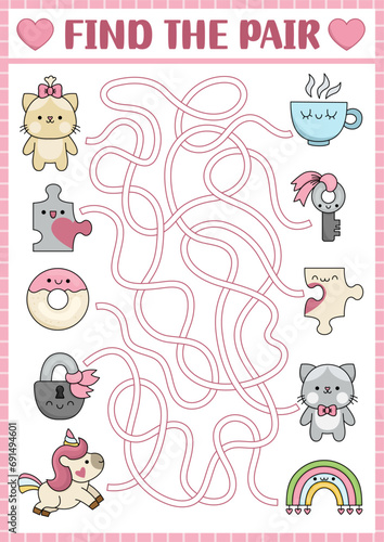 Saint Valentine maze for kids. Love holiday preschool printable activity with kawaii pairs. Labyrinth game or puzzle with cute cats, jigsaw puzzles, cup, doughnut, unicorn, rainbow. Perfect match