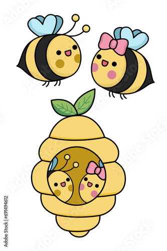 Vector kawaii beehive and flying bee icon for kids. Cute insect pair and their house illustration. Funny cartoon boy and girl characters and hive. Adorable love, family or Saint Valentine clipart.
