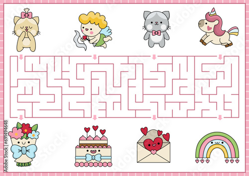 Saint Valentine maze for kids. Love holiday preschool printable activity with kawaii characters. Labyrinth game or puzzle with cute cupid, cats, unicorn, rainbow. Whose present.