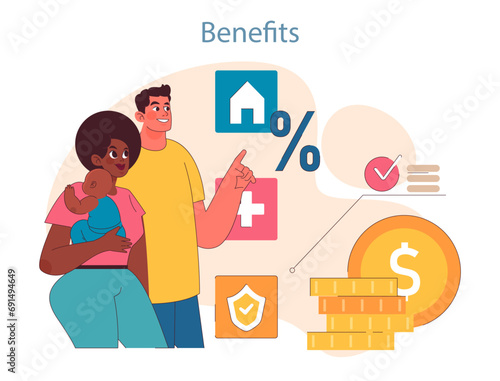 Young family explores financial benefits. Mother holding infant, father pointing at beneficial stats. Homeownership, interest rates, savings emphasized. Flat vector illustration.