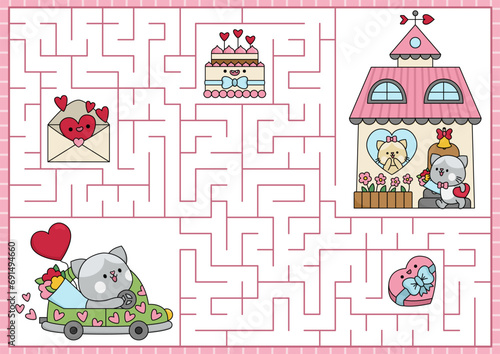 Saint Valentine maze for kids. Love holiday preschool printable activity with kawaii characters, cake, letter. Labyrinth game puzzle with cute romantic date, cat going home with flowers, gifts.