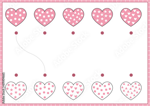 Saint Valentine matching activity for children with cartoon hearts and patterns. Fun love holiday puzzle with cute shapes. Printable worksheet or game for kids.