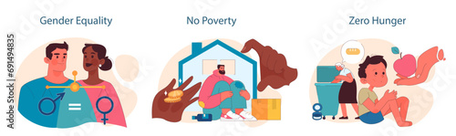 SDG or sustainable development goals set. Global target for better future including gender equality, health, education, clean energy, and economic growth. ESG and CSR. Flat vector illustration