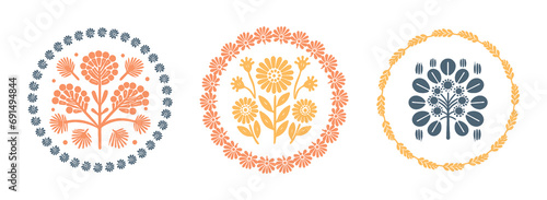 Prairie vector flower wreath isolated clipart set for rural folkart floral. Scandi retro plant sprig in decorative foliate folksy style collection.