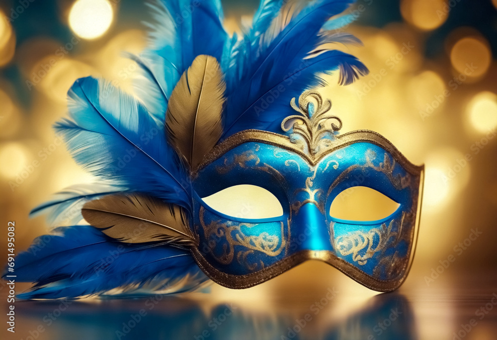 Fascino Veneziano- Maschera da Carnevale di Lusso con Piume Blu e Effetti Luminosi