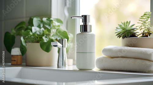  a bottle with a pump for liquid soap in the interior of a home bathroom 