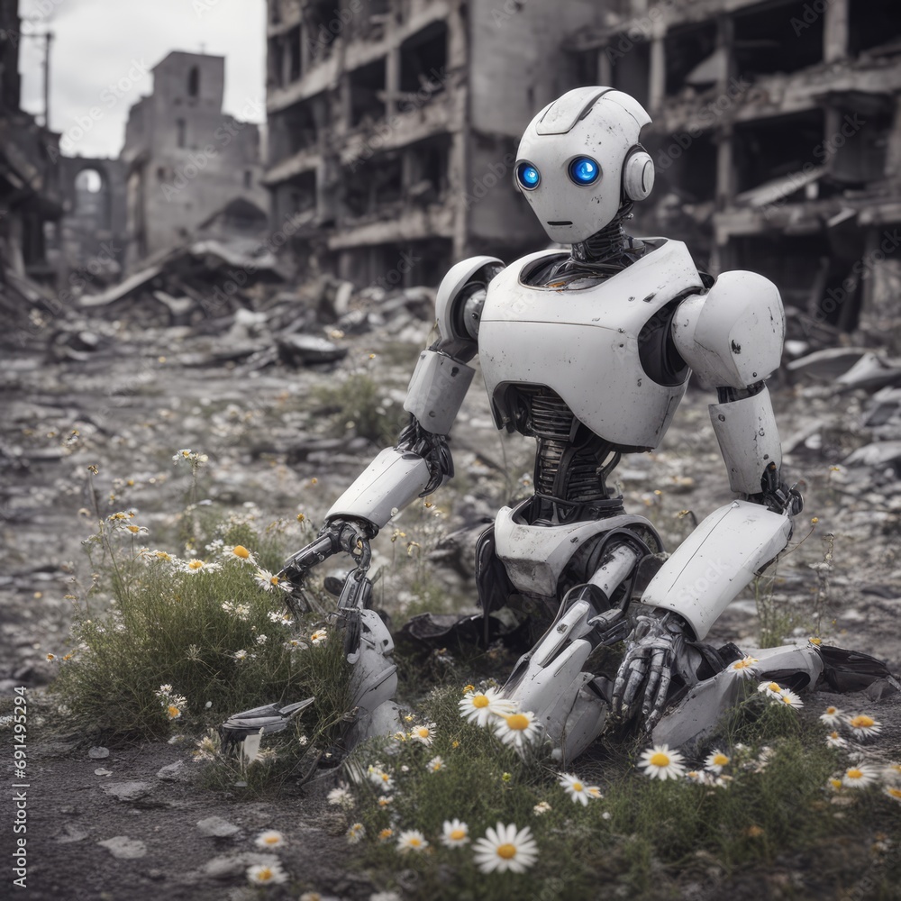 Naklejka premium An android robot and a flower