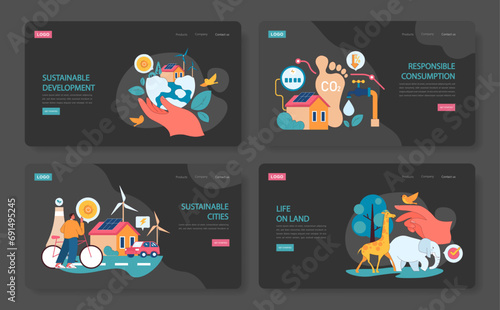 Sustainable development web or landing set. Global action for better future, impact on society and environment. Equality, climate preservation, clean energy. Flat vector illustration