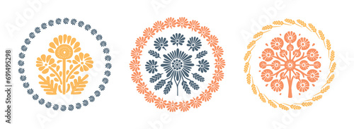 Prairie vector flower wreath isolated clipart set for rural folkart floral. Scandi retro plant sprig in decorative foliate folksy style collection.