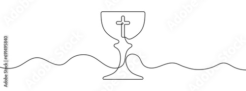 Continuous editable line drawing of holy grail. Single line church communion cup icon.