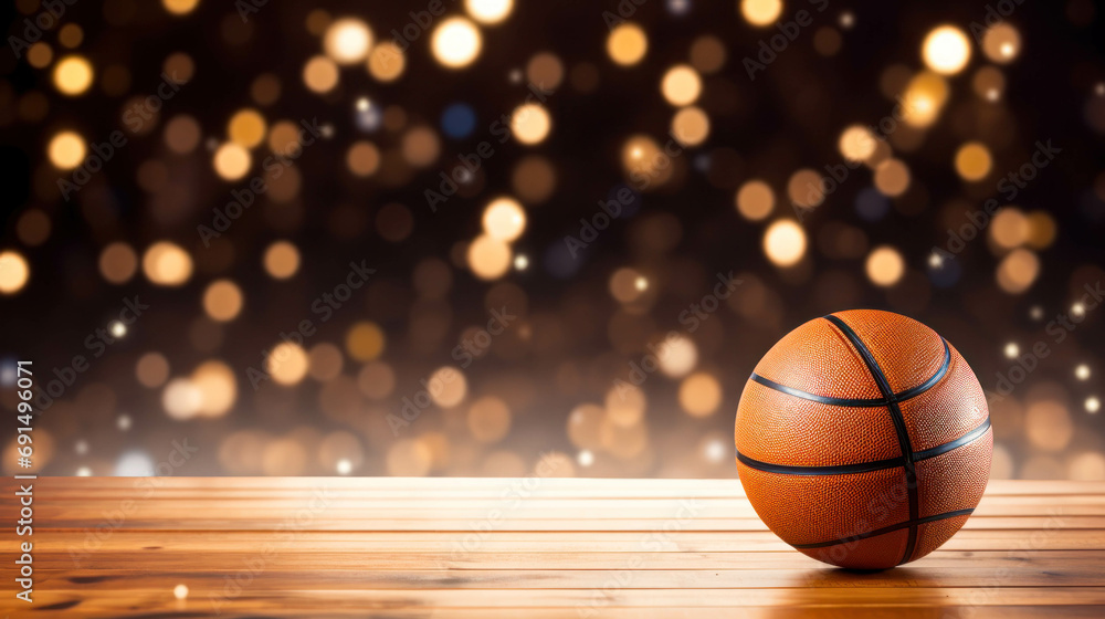 Basketball Ball On A Empty Wooden Table With A Background Of Bokeh Christmas Lights. Copyspace. Basketball Sport Xmas Backdrop