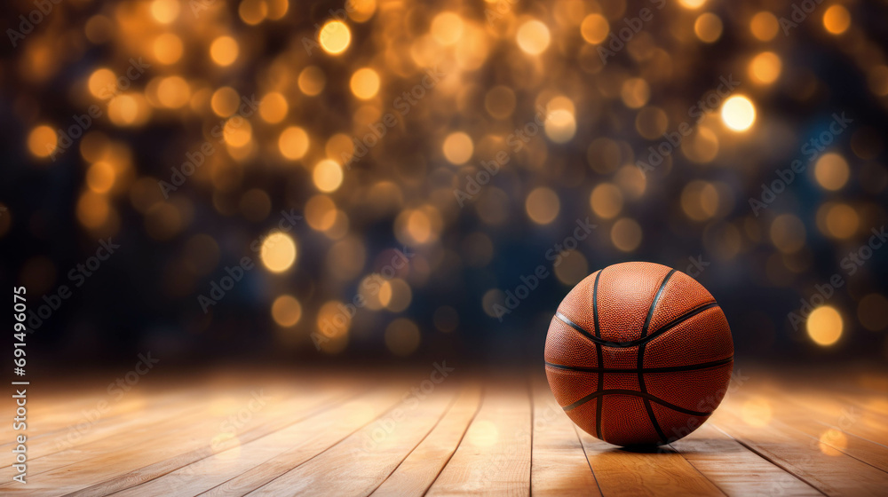 Basketball Ball On A Empty Wooden Table With A Background Of Bokeh Christmas Lights. Copyspace. Basketball Sport Xmas Backdrop Basketball Ball On A Empty Wooden Table With A Background Of Bokeh Christmas Lights. Copyspace. Basketball Sport Xmas Backdrop