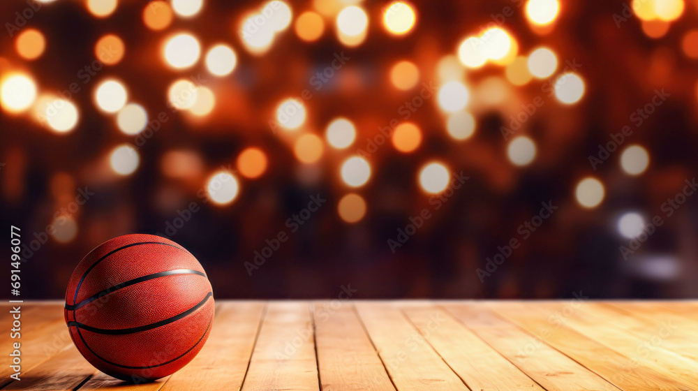 Basketball Ball On A Empty Wooden Table With A Background Of Bokeh Christmas Lights. Copyspace. Basketball Sport Xmas Backdrop
