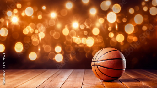 Basketball Ball On A Empty Wooden Table With A Background Of Bokeh Christmas Lights. Copyspace. Basketball Sport Xmas Backdrop © Immersive Dimension
